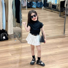 韓版童裝女童2024夏裝黑色半高領彈力針織收腰短袖T恤白色百褶裙