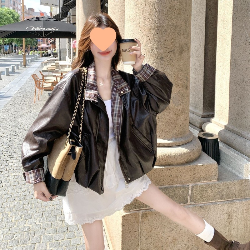 短款格子拼接洋气皮衣外套女2025秋季新款小个子复古机车夹克上衣|undefined