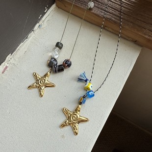 Natural Stone Beaded Cross-border Necklace Titanium Steel Starfish Tassel Necklace Long Necklace European and American Jewelry High-end Necklace