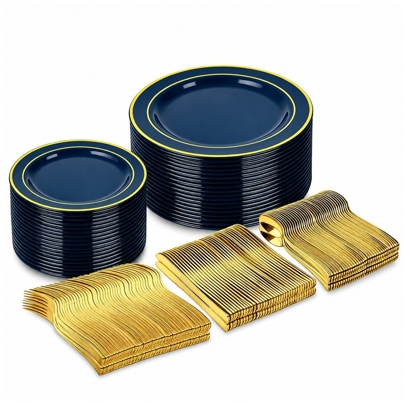 Cross-border disposable party gold-embossed blue and black plastic dinner plates with gold edges, Western-style dinner plates, cutlery, and tableware set