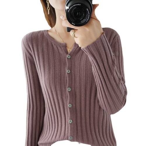 Pit strip long-sleeved spring and autumn new round neck open jacket women's top slimming women's wear base layer thin knitwear outerwear