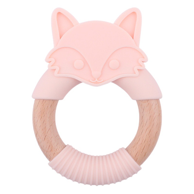 Bebé mordedor silicona animal anillo de madera mordedor Diente de dibujos animados animal Beech bebé zorro pulsera teether juguete