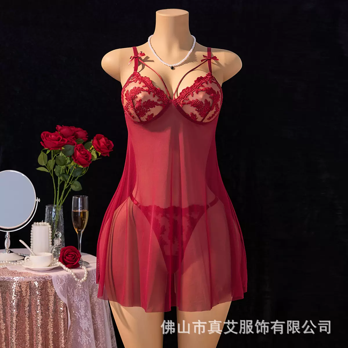 外贸货源性感睡衣女夏深V透视网纱情趣吊带睡裙丁字裤两件套66