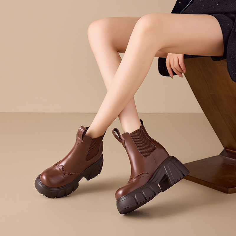Giày bốt Chelsea nữ cổ thun tăng chiều cao gót 10 cm đế dày da nâu — Lớp lót nhung đen