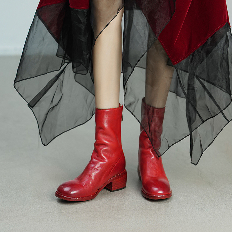 Horsehide Short Boots 2025 Autumn and Winter New Women's Boots Thick Heel Medium Heel Round Toe Boots Rear Zipper Fashion Boots Pink