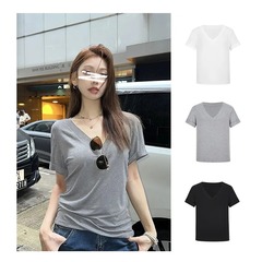 抖音で話題の夏用半袖無地ベーシックグレーVネックTシャツ、スリムフィットで万能な右肩デザイントップス