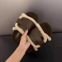 一字棉拖韩版毛毛拖鞋爆款2025女外穿网红厚底羊羔毛博肯秋冬新款