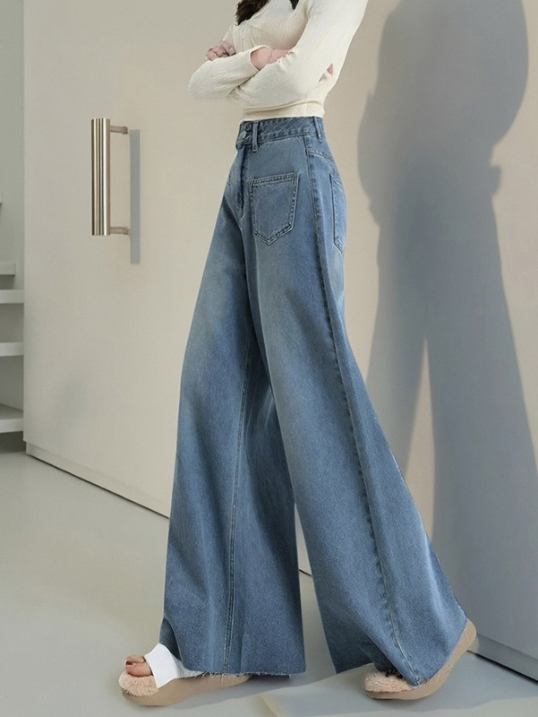 女性用ハイウエストブルーワイドレッグパンツ、ハイウエストルーズデニムパンツ、人気のストレートレッグ、大きな裾のデザインでスリムに見えます。|undefined
