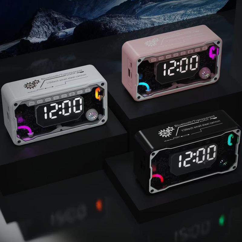 新品跨境V3透明机甲RGB灯光便携式桌面闹钟音响小钢炮蓝牙音箱礼|undefined