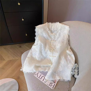 New Chinese Vest Buckle Embroidered Lace Stitching 2024 Women's Four Seasons National Style High-end Elegant Sleeveless Top