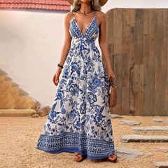 アマゾンクロスボーダー外国貿易婦人服夏ファッション深vネックストラップノースリーブハイウエストプリントロングワンピース