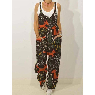 Cross-border Export 2023 New European and American Fashion Street Trendy Suspenders Multi-color Printed Flap Pocket Pants Women's Jumpsuit