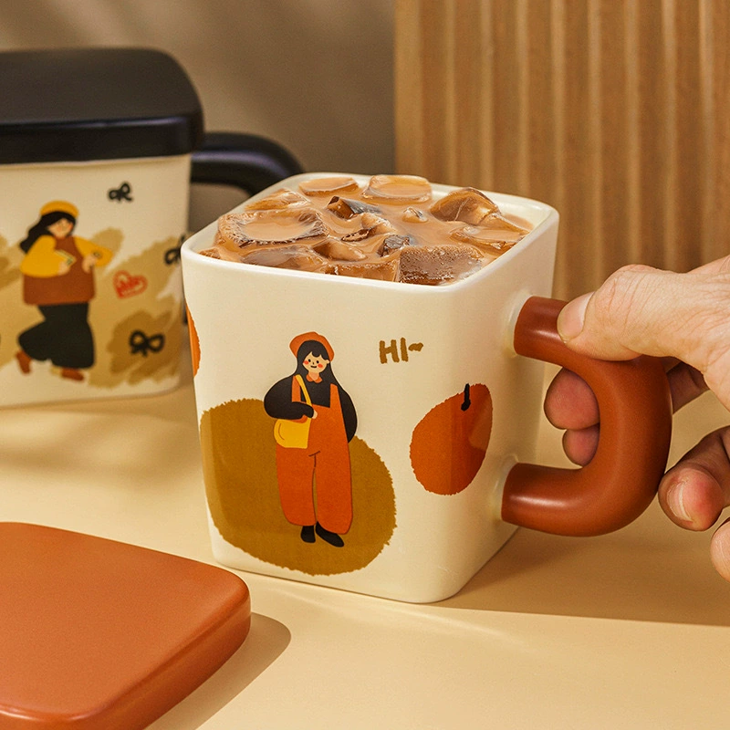 DIY кремовый клей квадратная пара кружка ceramic пара чашка с крышкой подарок милый ретро мальчик и девочка