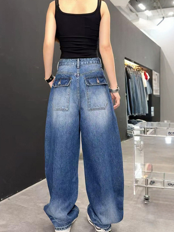 秋冬2025新款阔腿牛仔裤女大码胖mm显瘦宽松美式直筒弯刀老爹裤子|undefined