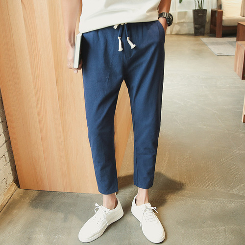 Men's Summer Casual Plain Color 9-inch Straight Leg Sport Pants Loose Thin Cotton Linen Capri Pants