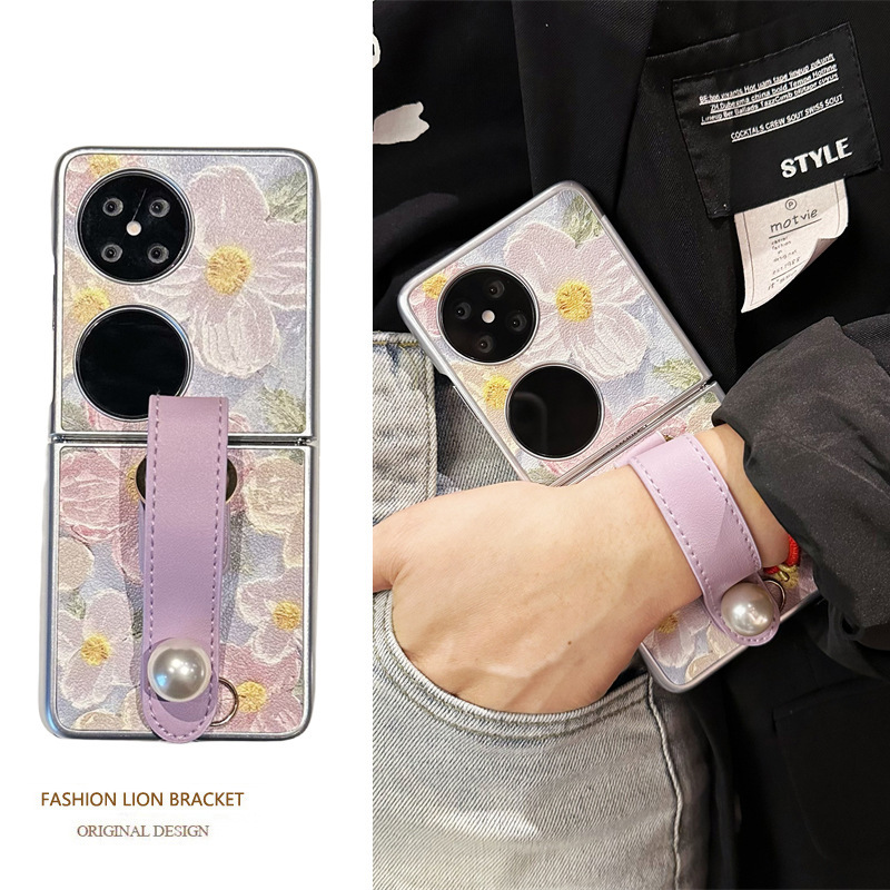 Advanced Oil Painting Flower Wristband for Huawei Pocket2 Foldable Phone Case magicvflip Flip Drop-resistant Protective Case findn3flip Ultra-thin Painted Leather p50pocketS