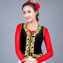 新疆跳舞黑色馬甲舞蹈服維吾爾族演出貼花女士短帶鑽金絲絨女坎肩