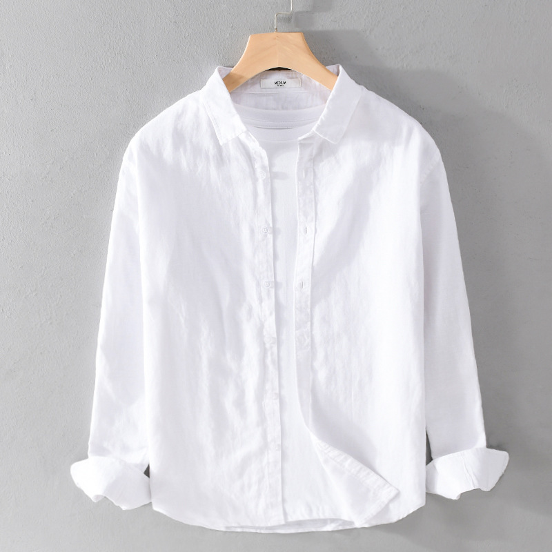 Spring and Summer Thin Linen Shirt Men's Business Casual Loose Men's Cotton and Linen Long-Sleeved Shirt Jacket Top White