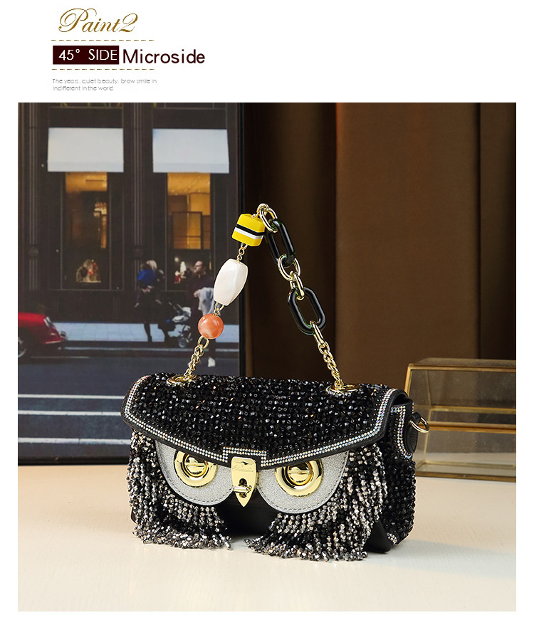 Borsa a mano da donna a forma di gufo con strass e nappe, resistente, a tracolla, piccola borsa quadrata, lusso di nicchia accessibile_voghion.com