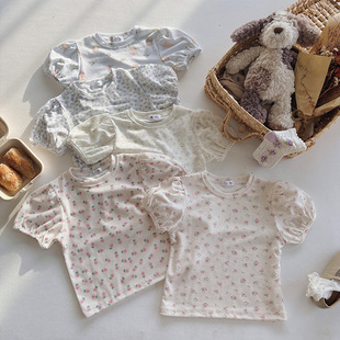 South Korea Clothes Pure Cotton Short-sleeved T-shirt Summer Clothes Girls' Baby Short-sleeved Children's Clothes Puff-sleeved Printed Summer Top