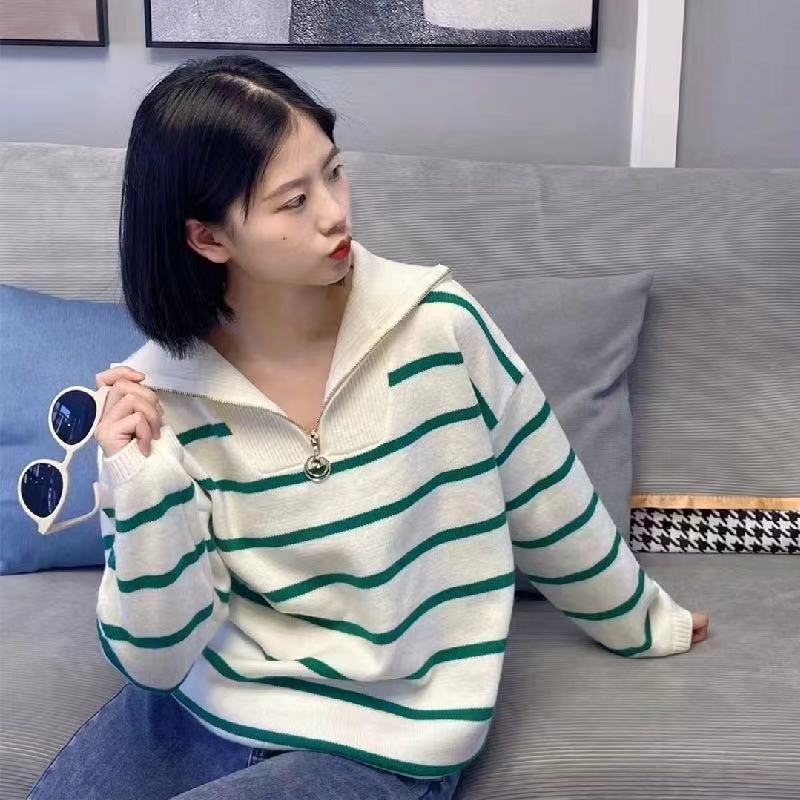 跨境外贸欧美亚马逊速卖通半拉链翻领撞色宽松大码条纹针织衫外套|undefined