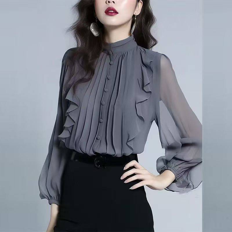 ハイエンドのシフォンの立襟のシャツの女性の春秋の新型のファッションの高級感のハスの葉の辺のフランスの長袖の小さいシャツの上着|undefined