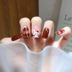 Cute cartoon bunny plaid wear nails for pregnant women, white wine red high-end fake nail pieces finished product