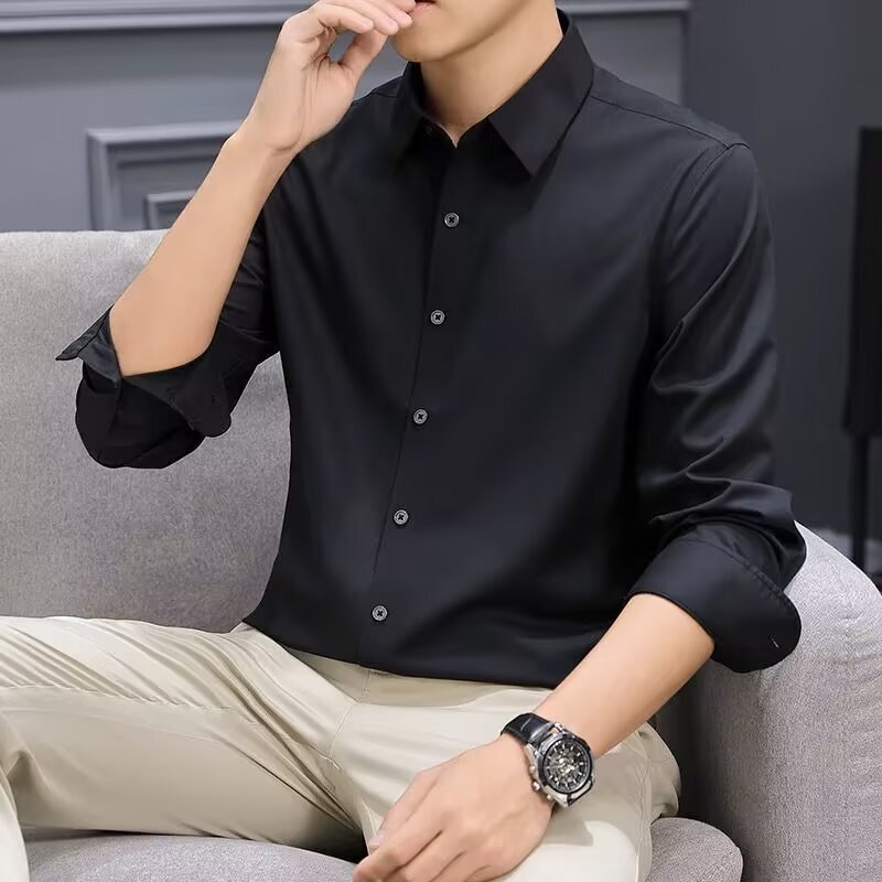 2026 New Black Long-Sleeve Shirt for Men, Hong Kong Style Trendy Brand, Light Business Top, High-End Casual Versatile Shirt for Men