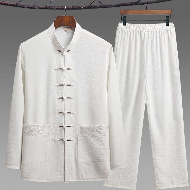 Middle-Aged and Elderly Men's Tang Suit Long-Sleeve Ice Silk Set, Spring and Summer Chinese-Style Tai Chi Outfit, Hanfu, Grandpa Clothing Middle-Aged and Elderly Men's Tang Suit Long-Sleeve Ice Silk Set, Spring and Summer Chinese-Style Tai Chi Outfit, Hanfu, Grandpa Clothing