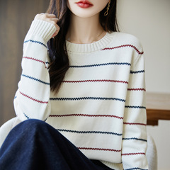 波浪线条纹圆领毛衣女线撞色长袖秋冬软糯纯棉内搭针织打底衫