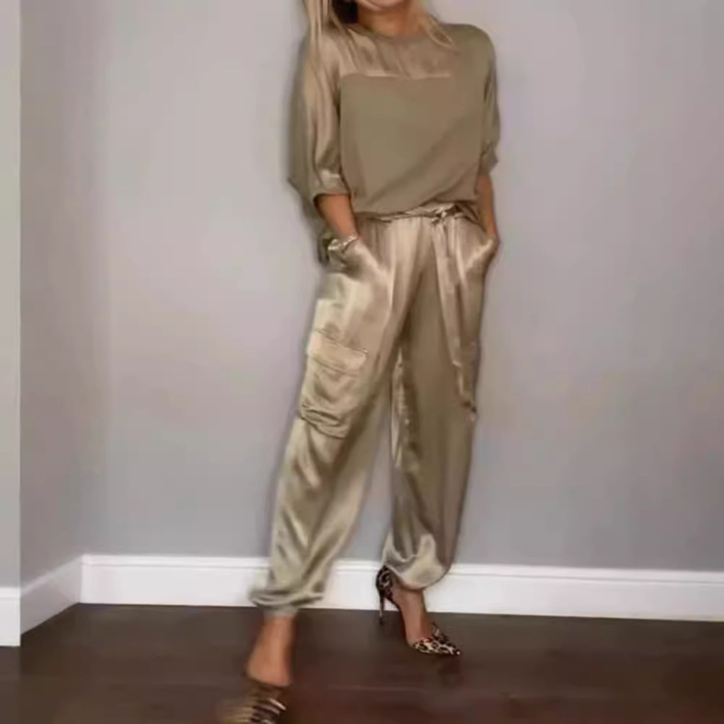 Amazon European and American Spring and Autumn New Cross-border Fashion Women's Solid Color Smooth Satin Five-point Sleeve Top Two-piece Set for Women