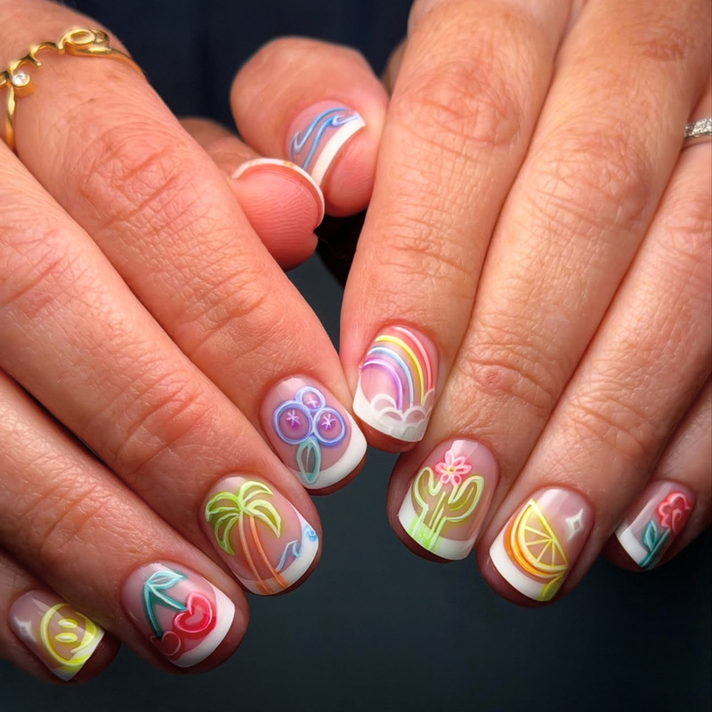 Neon colorful nail art, short square rainbow coconut tree fruit design, fresh and cute nail stickers, vacation-themed fake nails, wholesale