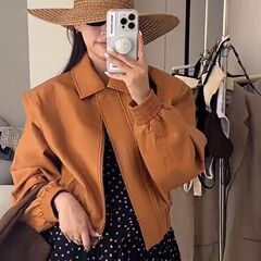 高端25春秋新橙色夹克短款拉链美式复古港风小个子爆款皮衣外套女