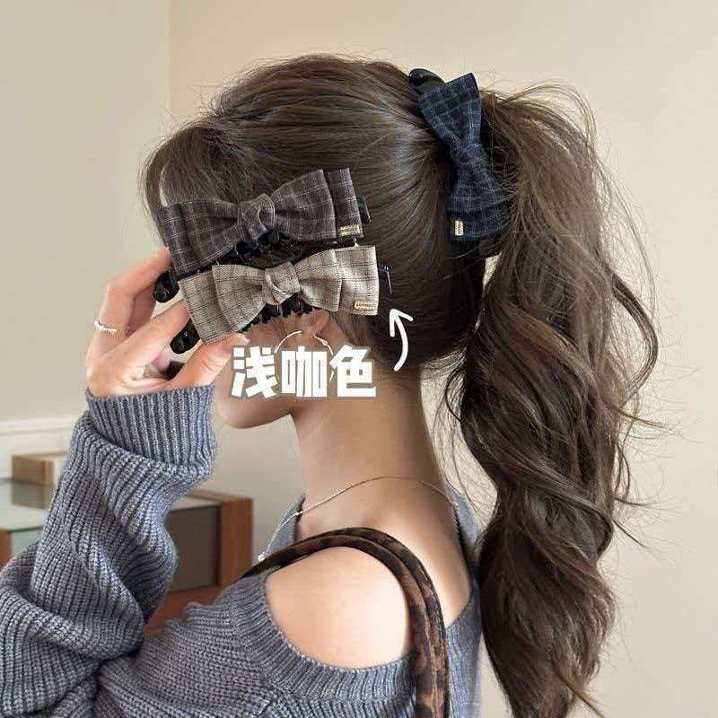新款格纹蝴蝶结发夹女后脑勺半扎发香蕉夹高马尾盘发扭扭夹竖夹头