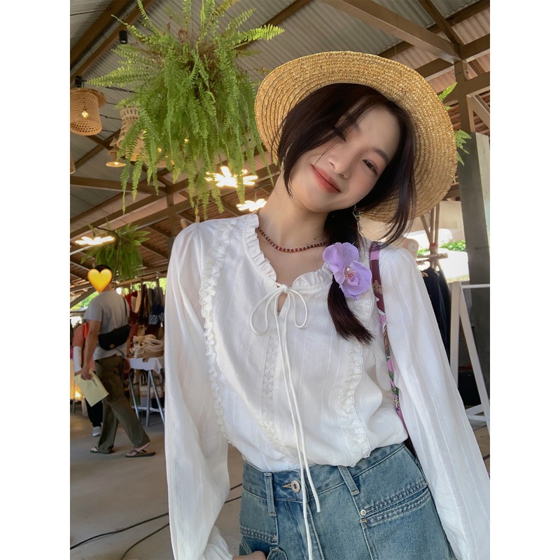 Sisilyon 南法秋日~法式系带花边领白衬衫女小个子别致温柔风衬衣|undefined