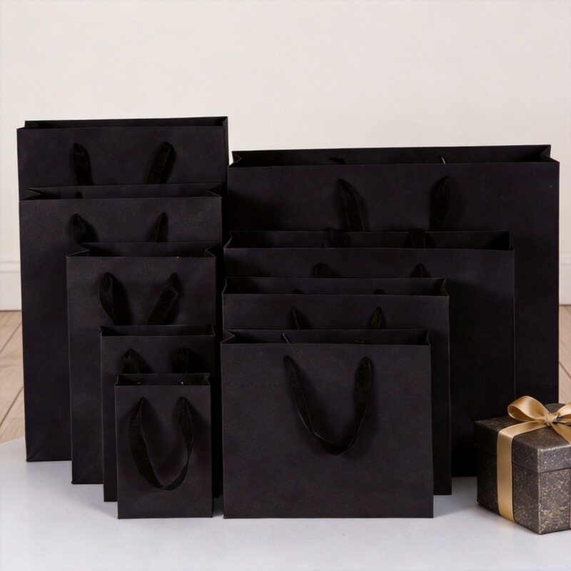 Spot Wholesale Black Gift Bag Paper Bag Packaging Clothing Black Card Printed Logo Handbag Manufacturer