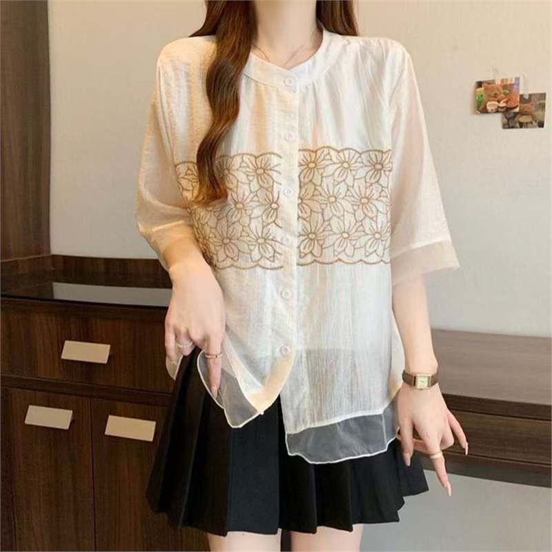 Plus-Size Internet Celebrity Hot-Selling 2026 Summer New Fashion Stylish Korean-Style Age-Reducing Loose Slimming Embroidered Shirt