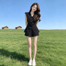深圳南油夏款黑色翻领无袖短裤运动套装女夏季时尚气质休闲两件套