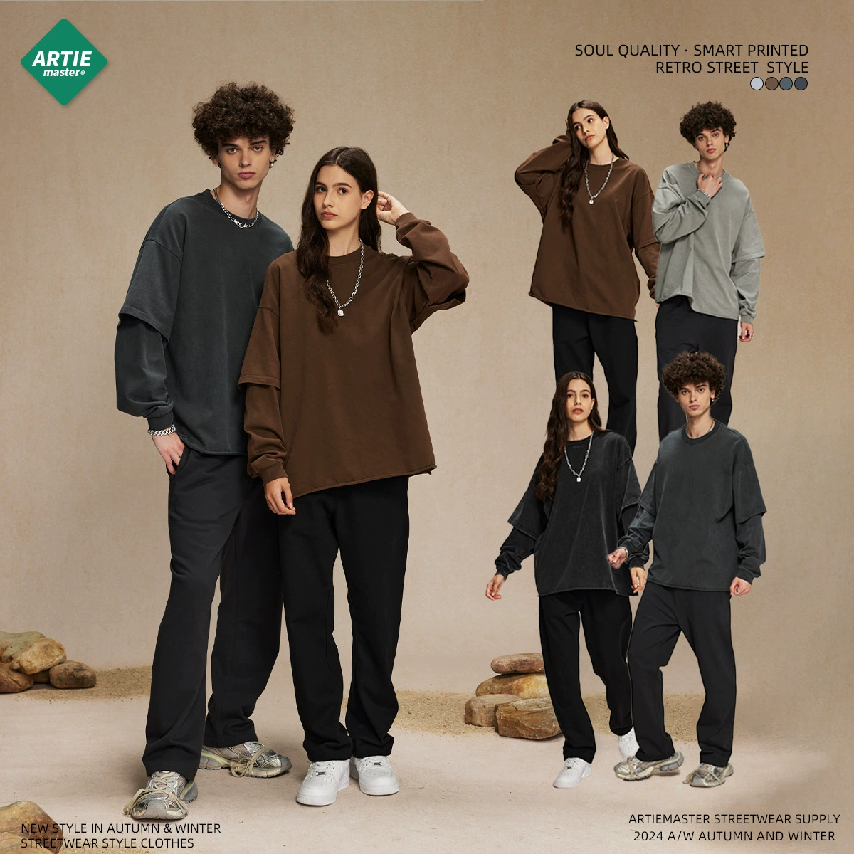 Мужская футболка в винтажном стиле, осенняя мода 2025 года, ретро-дизайн, имитация двухслойной, с отложным воротником, круглым вырезом, длинным рукавом, в стиле стритвир, с эффектом выстиранности.