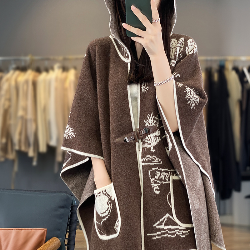 Vintage Jacquard Hood with Pocket Design Loose Cardigan Poncho Lazy Casual All Wool Women's Knit Shawl