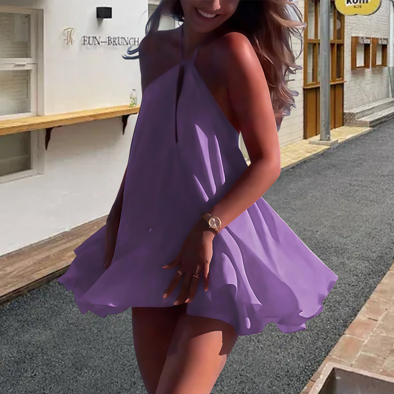 Women's Sexy Deep V Neck Backless Halter Neck Loose A-Line Dress European American Style 2025 Cross Strap Dress_ecoleips.com