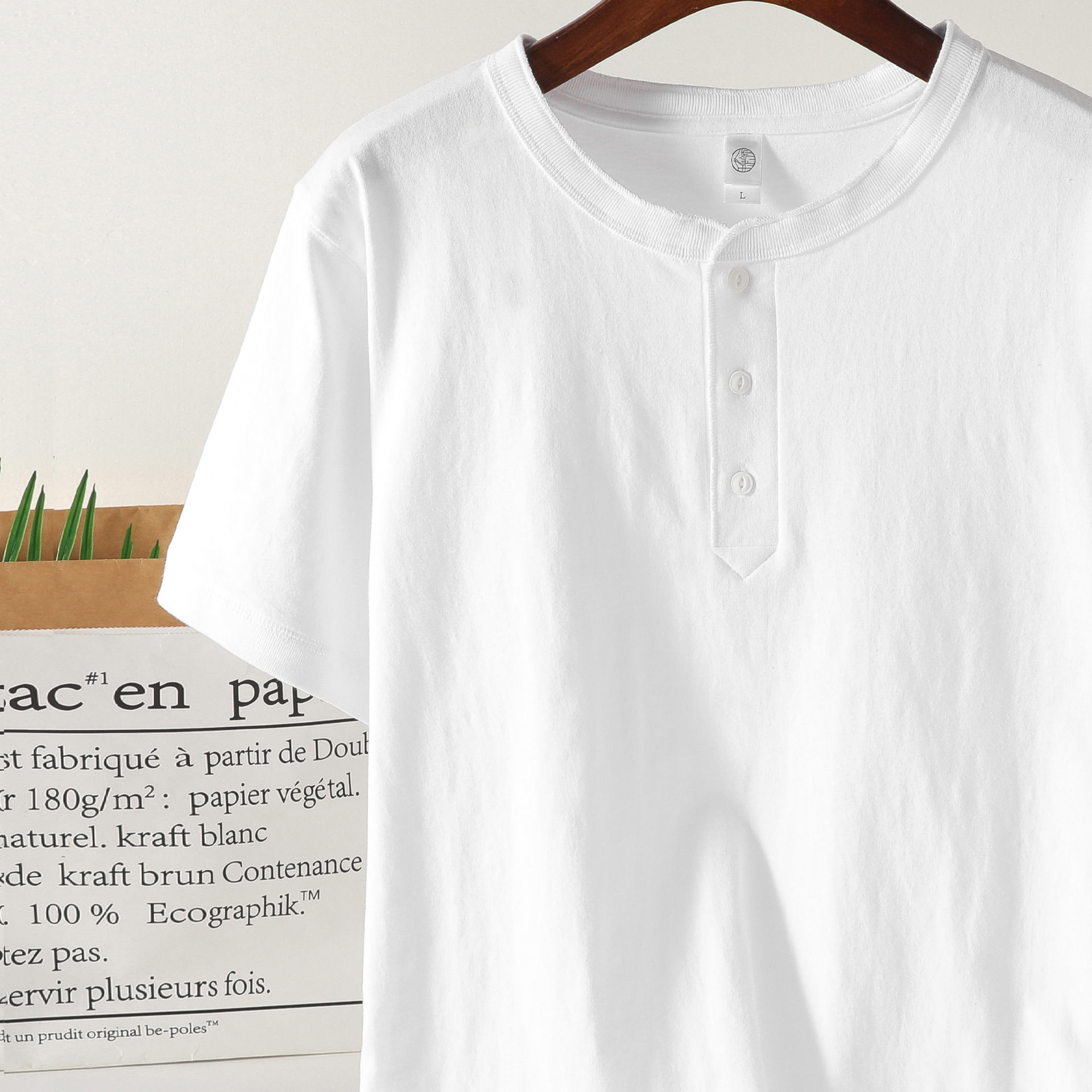 250g Cotton Henley Collar Retro T-Shirt Men's Thick Loose Cotton White Impermeable Short Sleeve Henry Shirt Women's Summer