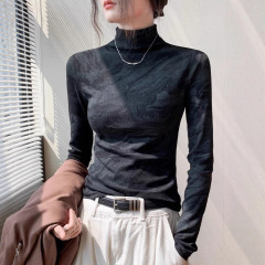 大码德绒水墨扎染半高领打底衫女2025秋冬季新款修身长袖保暖上衣