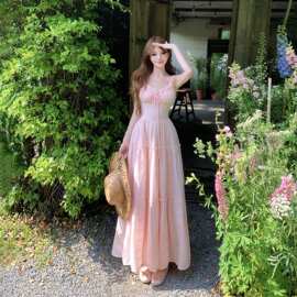 法式甜美漂亮粉色吊带连衣裙仙女夏季海边度假收腰大裙摆蛋糕长裙