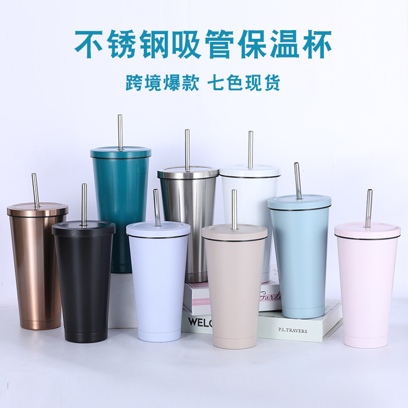 Spot Stainless Steel Straw Cup Coffee Cup 750.500ml Vacuum Seamless Liner Mug Insulated Cold Water Cup