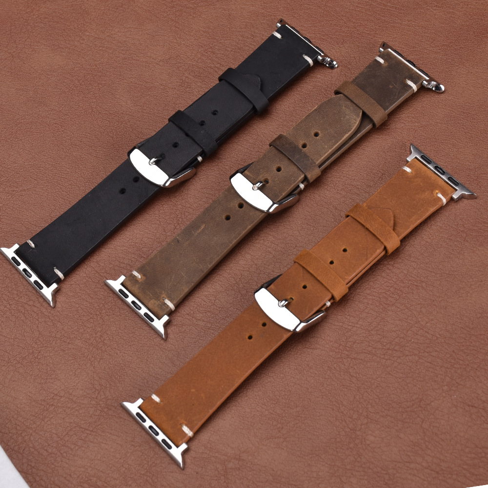 Suitable for Apple Iwatch10 Retro Crazy Horse Pattern Leather Strap Apple Watch Oil Wax Pin Buckle Watch Strap