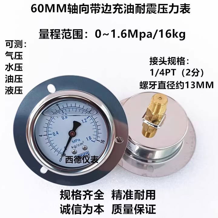 60MM轴向带边16KG/1.6MPA防震压力表 充油耐震压力表