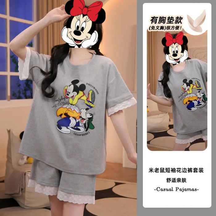 Venta al por mayor transfronteriza de pijamas con almohadillas para el pecho para mujeres pantalones cortos de manga corta de verano costura de encaje lindo traje de servicio a domicilio coreano de imitación de algodón