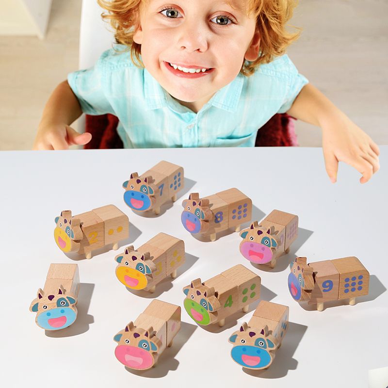 Montessori madera bebé vaca matemáticas aritmética cognitiva juego rompecabezas bloques de construcción montaje color apilamiento alta Juguetes