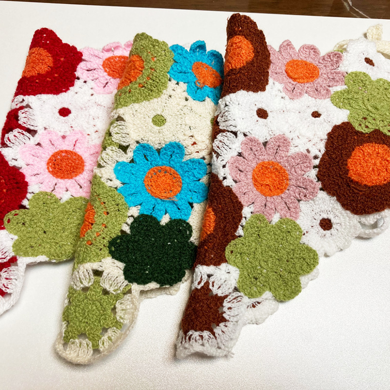 明星同款韩版针织三角巾头巾田园甜美针织镂空钩花春夏野餐出片